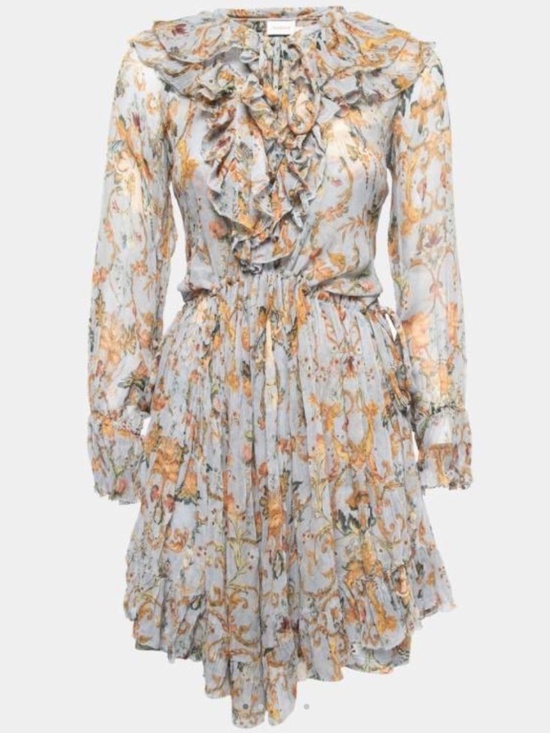 Zimmermann Dresses & Skirts - Zimmermann Blue Floral Printed Crinkled Chiffon Ruffled Drawstring Dress Size 3
